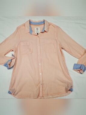 SO Perfect Peach Striped Button Front Shirt XL | Coastal Preppy Lightweight